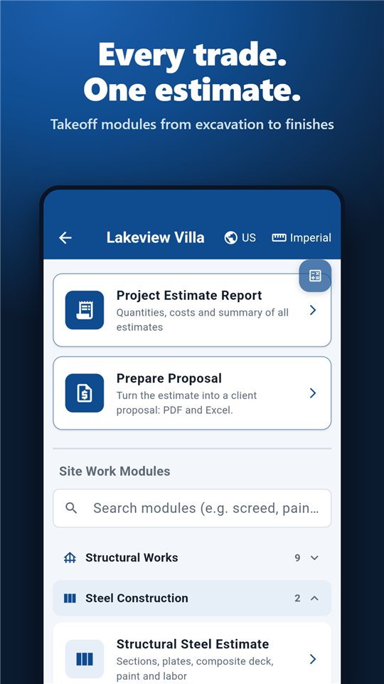 Project screen: takeoff modules from excavation to finishes