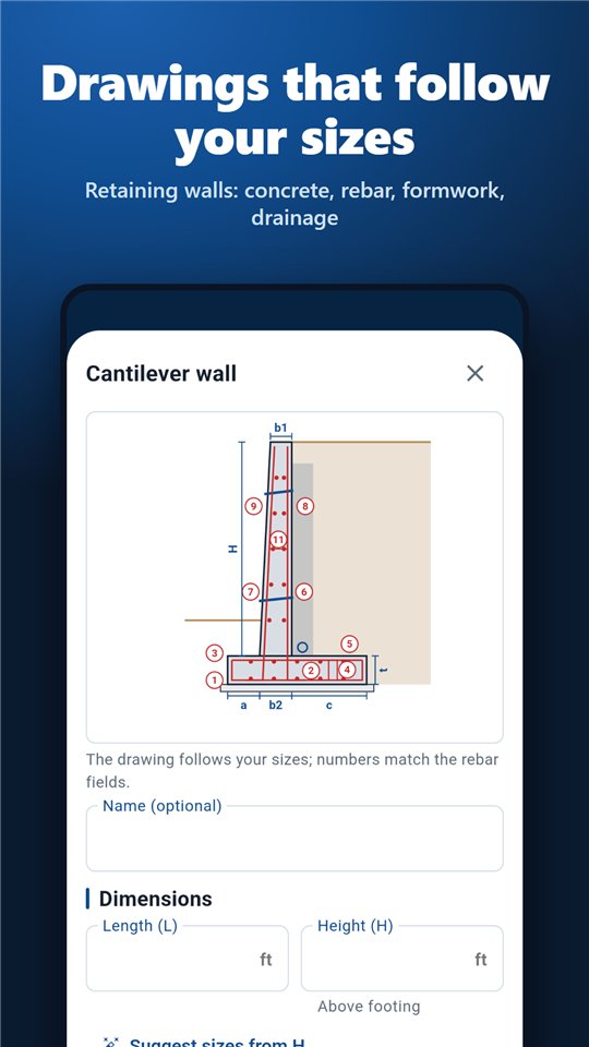 Retaining wall section that follows the entered dimensions
