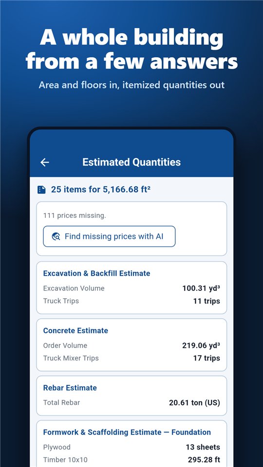 Building Estimate Form result: itemised quantities